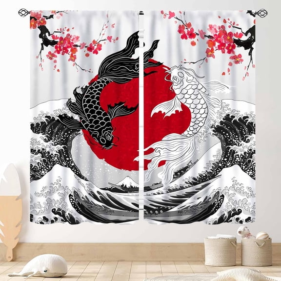 Japanese Curtains, Asian Style Japanese Anime Black White Yin Yang Koi Fish Cherry Blossom Great Wave Oriental Window Drapery Treatments for Bedroom Living Room Kitchen Bathroom 2 Panels, 84"x63" In