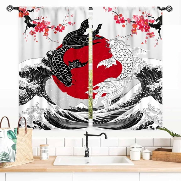 Japanese Curtains, Asian Style Japanese Anime Black White Yin Yang Koi Fish Cherry Blossom Great Wave Oriental Window Drapery Treatments for Bedroom Living Room Kitchen Bathroom 2 Panels, 55x39 Inch