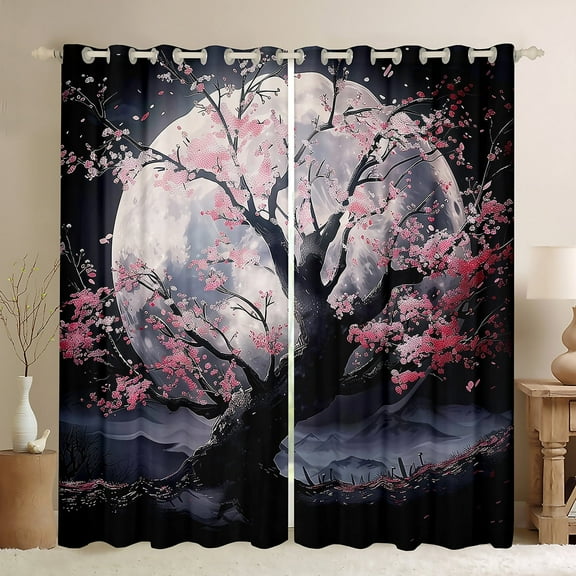 Japanese Curtains For Bedroom Moon Cherry Blossom 30%-50% Blackout Curtains 52"Wx63"L Pink Black Floral Window Curtains For Teen Women,Aesthetics Sakura Flower Window Treatments 2 Panels