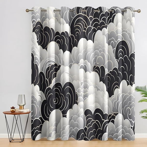 Japanese Curtains for Living Room, Auspicious Cloud Asian Pattern Design Blackout Curtains, Japanese Bedroom Decor Window Drapes with Grommet 26"W x 45"L (Pack of 2)