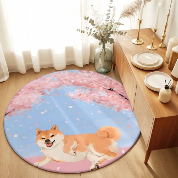 Japanese Cute Akita Dogs Round Rug 3ft Cherry Blossoms Flowers Washable Area Rugs for Living Room Bedroom Entryway Non Slip Entrance Door Mat Indoor Floor Carpet