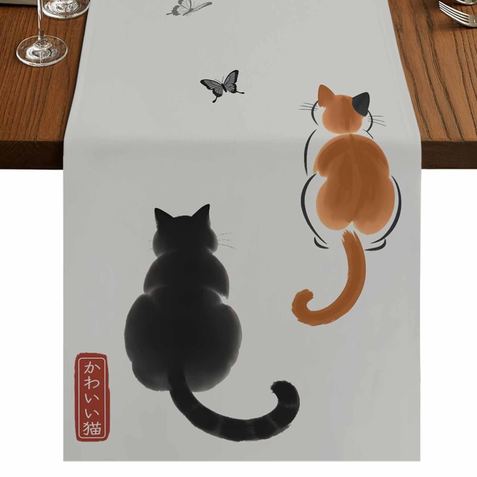 Japanese Cute Cat 70 Inch Table Runner, Harmony Cartoon Kitty Butterfly ...