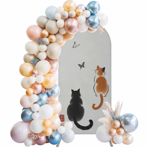 Japanese Cute Cat Arch Backdrop Cover, Spandex Fitted Wedding Arch Cover, Harmony Cartoon Kitty Butterfly Round Top Stand Covers for Birthday Ceremony Bridal Shower Party Decor 6.6x3.3 Ft
