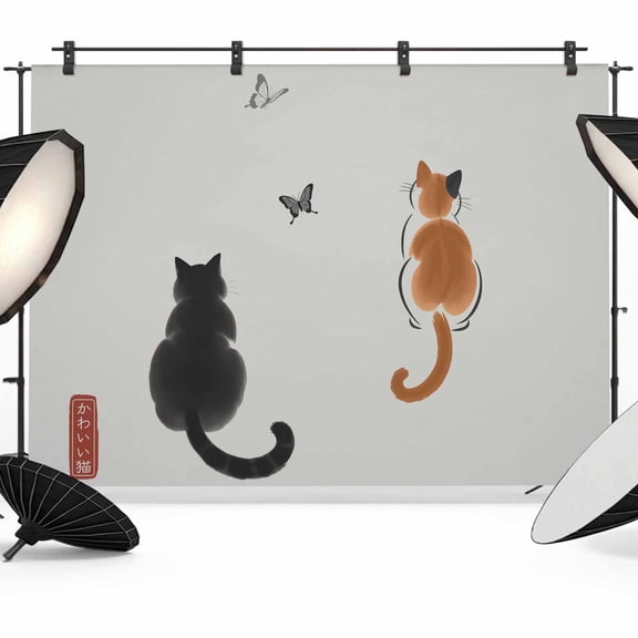 Japanese Cute Cat Backdrop for Photography,Fabric Photo Background Backdrop,Harmony Cartoon Kitty Butterfly Photo Booth Background for Portrait Photoshoot Video Wedding Studio Decoration Banner 7x5ft