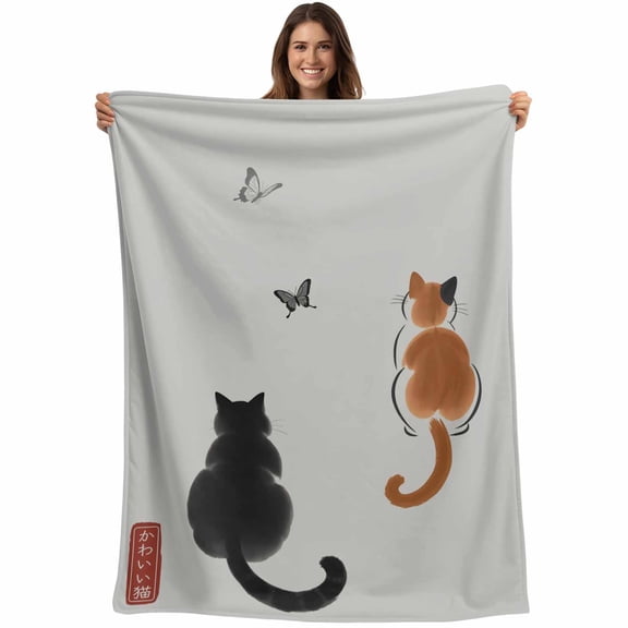 Japanese Cute Cat Blanket Soft Cozy Warm Throw Blanket for Couch, Plush Fuzzy Flannel Fleece Blankets for Sofa, Harmony Cartoon Kitty Butterfly Bed Blankets Lightweight Gifts for Women, 40"x60"