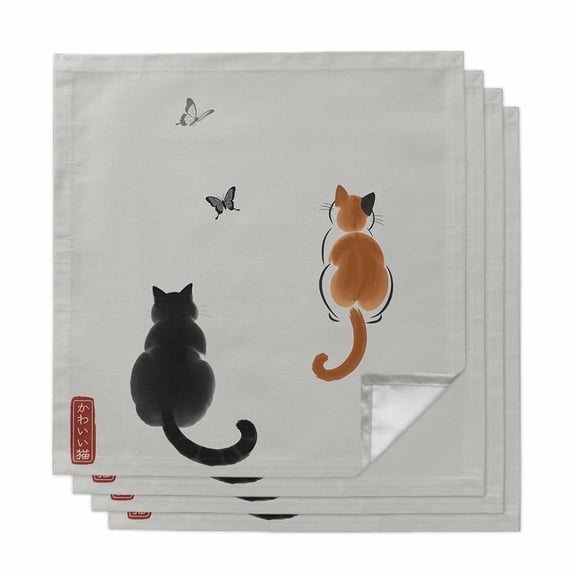 Japanese Cute Cat Cloth Napkins, Harmony Cartoon Kitty Butterfly Washable and Reusable Dinner Napkins Set of 4, Table Napkin for Kitchen Party Birthday Wedding Hotel Housewarming 20"x20"