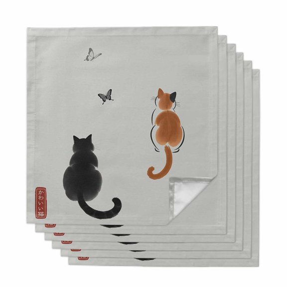Japanese Cute Cat Cloth Napkins, Harmony Cartoon Kitty Butterfly Washable and Reusable Dinner Napkins Set of 6, Table Napkin for Kitchen Party Birthday Wedding Hotel Housewarming 20"x20"