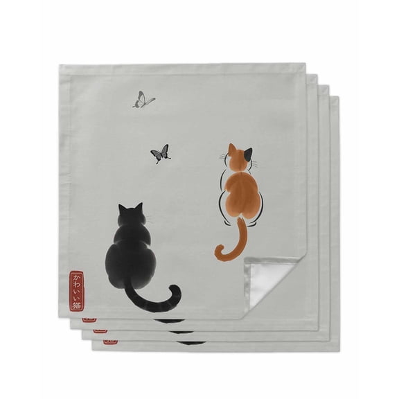 Japanese Cute Cat Cloth Napkins Set of 4 Reusable Dinner Napkins, Harmony Cartoon Kitty Butterfly Cocktail Napkin Washable Table Napkins for Wedding/Holiday Party/Baby Shower 20"x20"