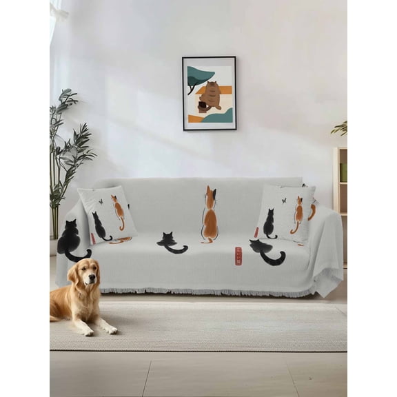 Japanese Cute Cat Couch Cover, Harmony Cartoon Kitty Butterfly Oversized Sofa Cover Blanket for 3 Cushion Couch,Sectional Sofa Slipcover Furniture Protector for Living Room Bedroom 71''x150''