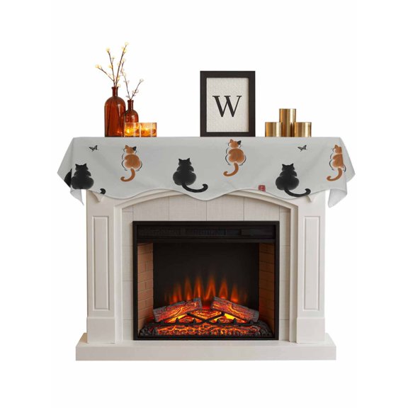 Japanese Cute Cat Fireplace Mantel Scarf, Harmony Cartoon Kitty Butterfly Mantel Cover Table Runner, Fireplace Top Dresser Scarves for Party Holiday Living Room Home Decoration 60x17 Inch