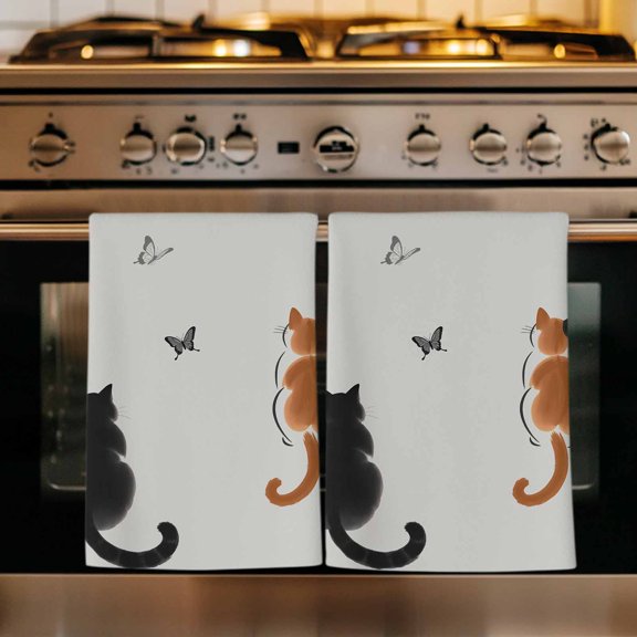 Japanese Cute Cat Kitchen Towels Set of 4, Harmony Cartoon Kitty Butterfly Absorbent Dish Towels for Kitchen, Microfiber Hand Towel, Quick Drying Tea Towel for Cleaning Decorative Dishcloths