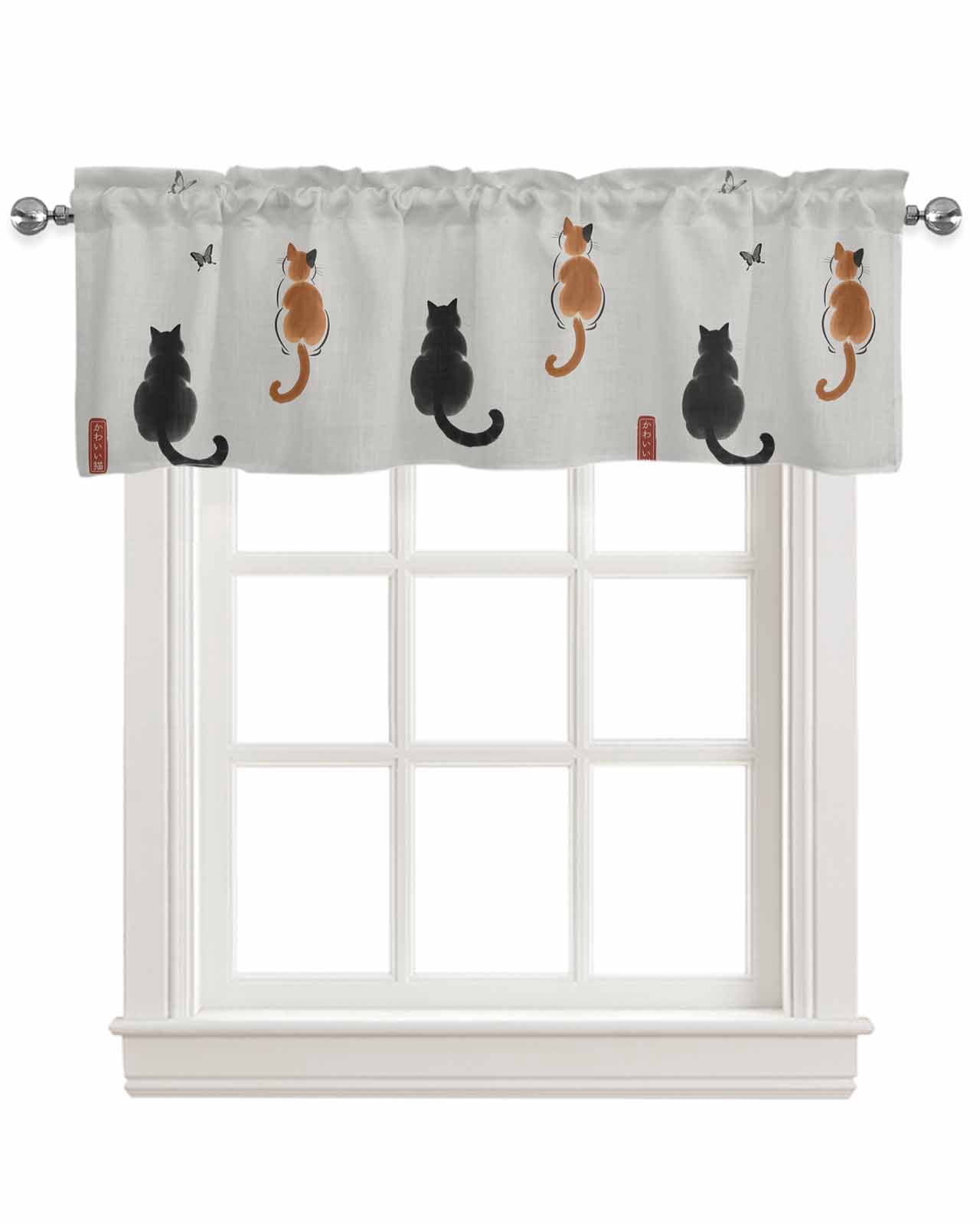 Japanese Cute Cat Kitchen Valances for Windows Farmhouse Linen Window Valance Curtain for Living Room Window Treatment Harmony Animal Butterfly Ink Valance Rod Pocket Topper Drape, 42 x 12 Inch
