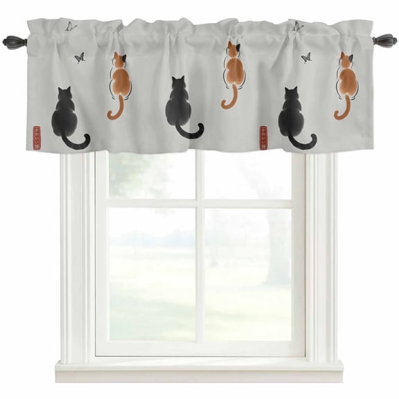 Japanese Cute Cat Kitchen Valances for Windows, Harmony Cartoon Kitty Butterfly Bathroom Window Valances 42x12 Inch Rod Pocket Window Treatments Valance Curtains for Living Room Bedroom Decor