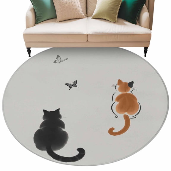 Japanese Cute Cat Large Area Rugs for Bedroom Living Room, Soft Non Slip Carpet Bedside Rug, Harmony Cartoon Kitty Butterfly Round Floor Cover Kitchen Accent Rug 6' for Dining Room/Office