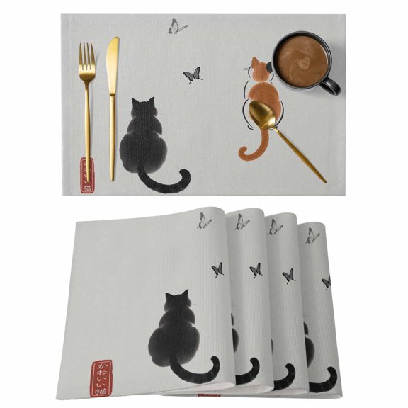 Japanese Cute Cat Placemats Set of 4 Harmony Cartoon Kitty Butterfly Place Mats Indoor Wipeable Table Mats Washable Cloth Dining Table Placemats for Kitchen Holiday Party Home Decor 13x19 Inch