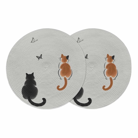 Japanese Cute Cat Round Placemats Set of 2 Harmony Cartoon Kitty Butterfly Place Mats Indoor Woven Table Mats Washable Heat-Resistance Braided Dining Table Placemats for Kitchen Party Decor 13 Inch