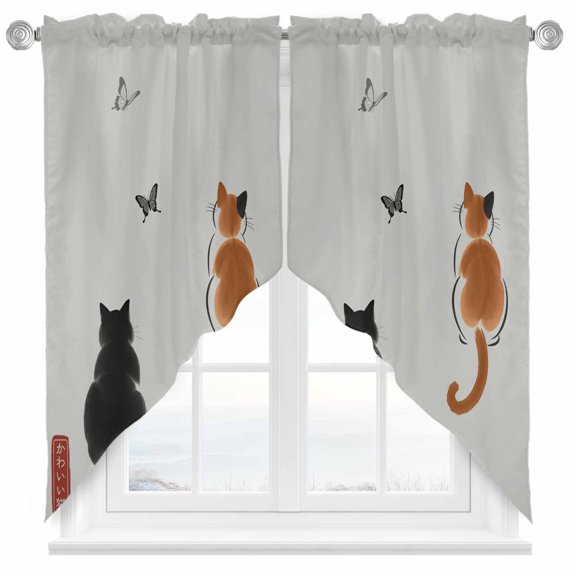 Japanese Cute Cat Swag Curtains Harmony Cartoon Kitty Butterfly Swag Valances for Kitchen Windows, Window Treatment Topper Curtains for Living Room Bedroom Bathroom, 28" W x 36" L