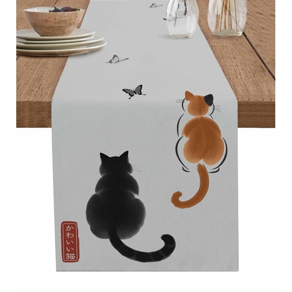 Japanese Cute Cat Table Runner 90 Inches, Harmony Cartoon Kitty Butterfly Bed Runner Dresser Scarves Tabletop for Indoor Outdoor Parties/Ceremony/Banquet, 13" x 90"