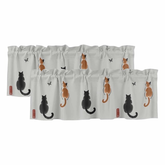 Japanese Cute Cat Valances for Windows, Decorative Rod Pocket Window Valance Curtains, Harmony Cartoon Kitty Butterfly Short Curtain Drapes for Kitchen/Bathroom/Living Room, 2 Panels, 42" W x 18" L