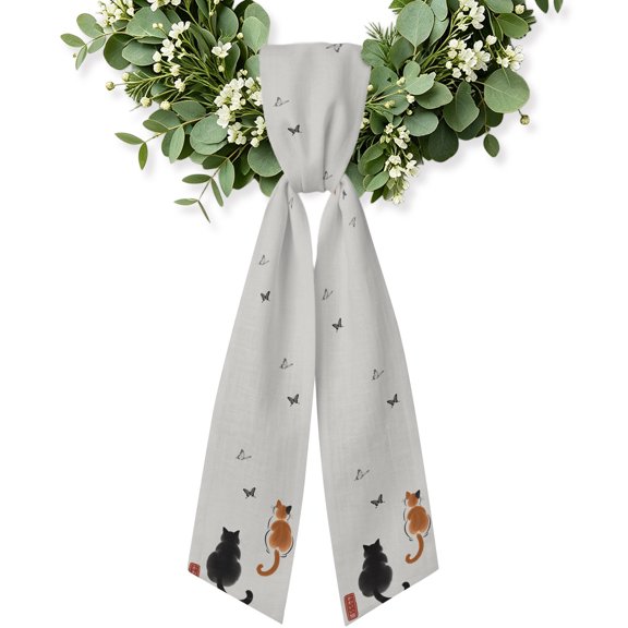 Japanese Cute Cat Wreath Sash for Front Door, Harmony Cartoon Kitty Butterfly Wreath Bow Holiday Garland Ribbon Wreath Accessories for Home Yard Porch Doorway Fall Christmas Decorations Gifts