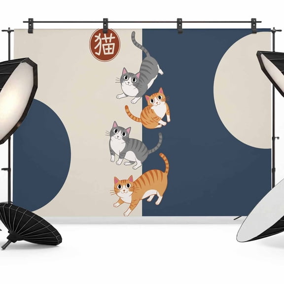 Japanese Cute Cats Backdrop for Photoshoot, Photography Photo Studio Background Wall Backdrop, Harmony Cartoon Kitty Back Drop Banner Panel for Portraits Wedding Party Live Streaming Decor 12x8Ft