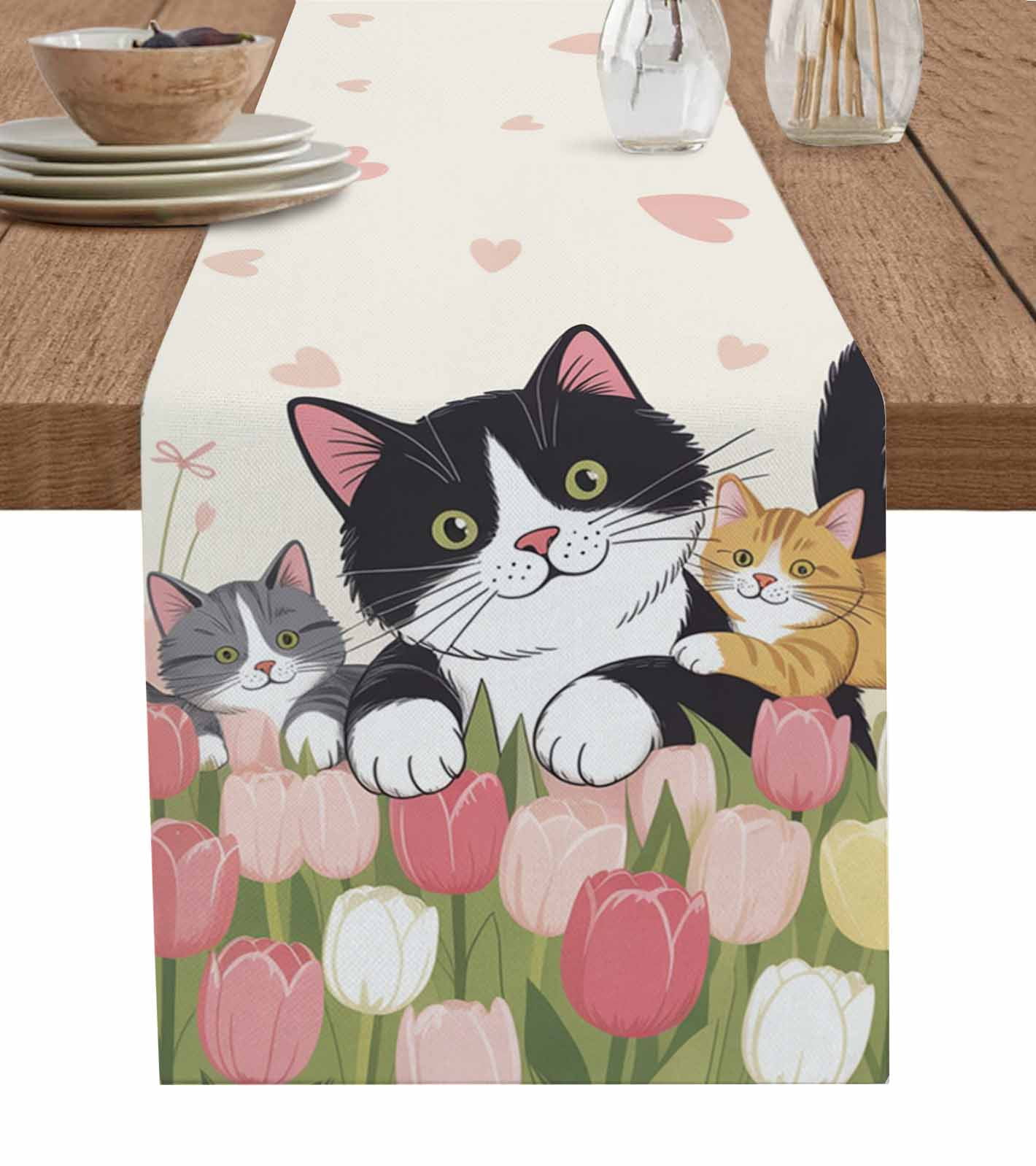 Japanese Cute Cats Burlap Cotton Table Runner 13x90 Inches Long, Pink ...