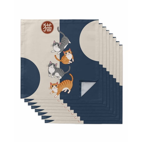 Japanese Cute Cats Cloth Napkins Set of 8 Reusable Dinner Napkins, Harmony Cartoon Kitty Cocktail Napkin Washable Table Napkins for Wedding/Holiday Party/Baby Shower 20"x20"