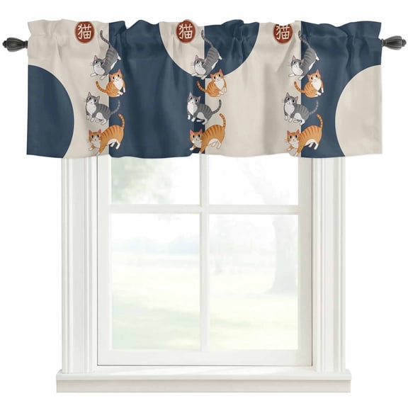 Japanese Cute Cats Farmhouse Short Window Curtain Valances, Harmony Cartoon Kitty Rod Pocket Kitchen Valances for Living Room Bedroom Bathroom Cafe 54" x 18"