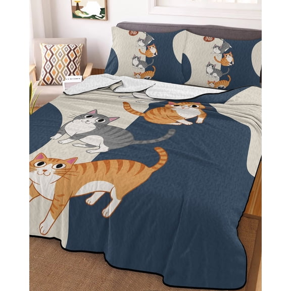 Japanese Cute Cats Full Size Down Alternative Comforter, Lightweight Comforter Quilt Bedding Set with Pillow Shams Harmony Cartoon Kitty All Seasons Bed Comforter Duvet Insert 78"x90"