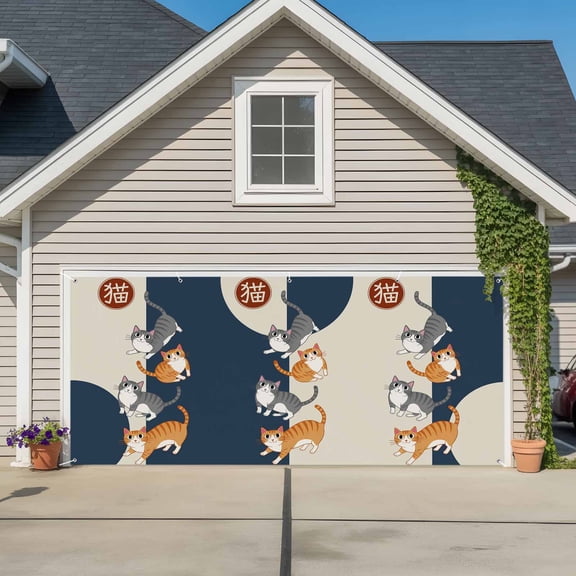 Japanese Cute Cats Garage Door Cover Banner 7 x 8 FT, Harmony Cartoon Kitty Garage Door Curtains Backdrop with Grommets for Indoor Outdoor Wall Party Porch Yard Decorations Background