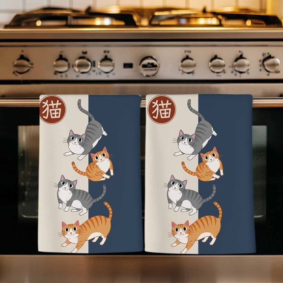 Japanese Cute Cats Kitchen Towels Set of 1, Harmony Cartoon Kitty Absorbent Dish Towels for Kitchen, Microfiber Hand Towel, Quick Drying Tea Towel for Cleaning Decorative Dishcloths