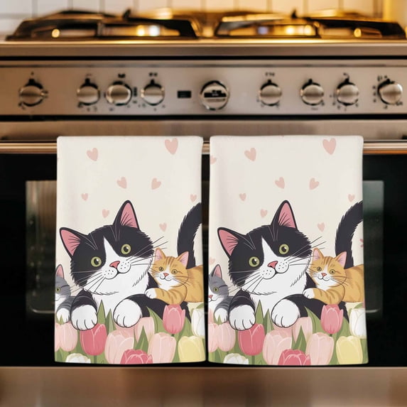 Japanese Cute Cats Kitchen Towels Set of 4, Pink Tulip Heart Botanical Pastoral Absorbent Dish Towels for Kitchen, Microfiber Hand Towel, Quick Drying Tea Towel for Cleaning Decorative Dishcloths