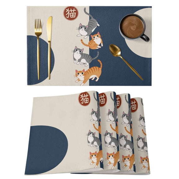 Japanese Cute Cats Placemats Set of 4, Harmony Cartoon Kitty Placemats for Dining Table, Place Mats for Kitchen Tabletop, Waterproof Wipeable Dining Table Mats Set