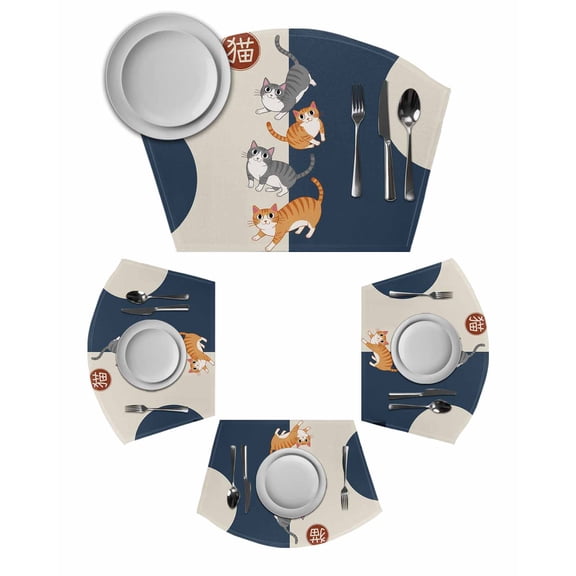 Japanese Cute Cats Round Placemats Set of 2, Harmony Cartoon Kitty Placemats for Round Dining Table Shape Wedge Placemats for Outdoor Indoor Wipeable Clean Table Place Mats