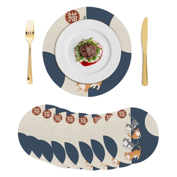 Japanese Cute Cats Round Placemats Set of 8 Harmony Cartoon Kitty Place Mats Indoor Woven Table Mats Washable Heat-Resistance Braided Dining Table Placemats for Kitchen Holiday Party Decor 13 Inch
