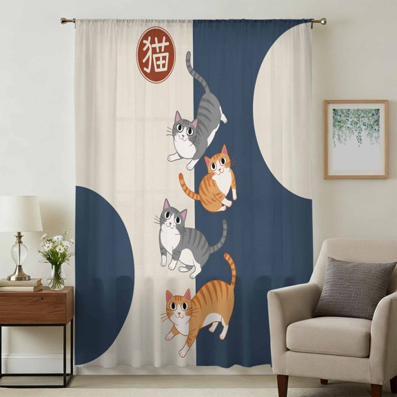 Japanese Cute Cats Sheer Curtains 63 Inches Long, Harmony Cartoon Kitty Light Filering Curtains, Breathable Simi Curtain Privacy Drapes for Living Room Bedroom Lightweight Window Treatment