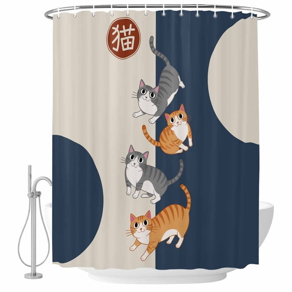 Japanese Cute Cats Shower Curtain, Waterproof Shower Curtains for Bathroom, Harmony Cartoon Kitty Washable Fabric Bathtub Curtain Set Bath Decor with 12 Hooks Standard 72"x72"