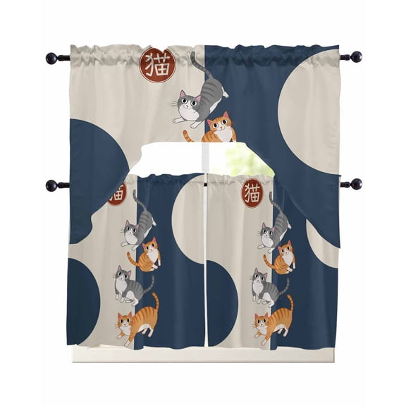 Japanese Cute Cats Swag Kitchen Curtains Sets for Windows 24 Inch Length, Harmony Cartoon Kitty Short Window Curtain Panels Swags Valances and Tiers 3 Piece Set for Cafe/Dining Room