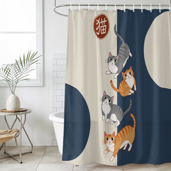 Japanese Cute Cats Waterproof Fabric Shower Curtain, Harmony Cartoon Kitty Stall 48x72in Waterproof Fabric Shower Curtain for Bathroom Curtains Bathtubs Hotel Washable Shower Curtains with 12 Hooks