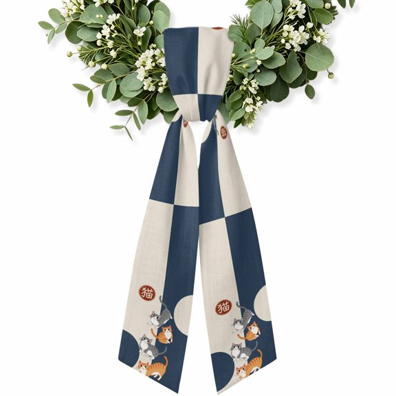 Japanese Cute Cats Wreath Sash for Front Door, Harmony Cartoon Kitty Wreath Bow Holiday Garland Ribbon Wreath Accessories for Home Yard Porch Doorway Fall Christmas Decorations Gifts