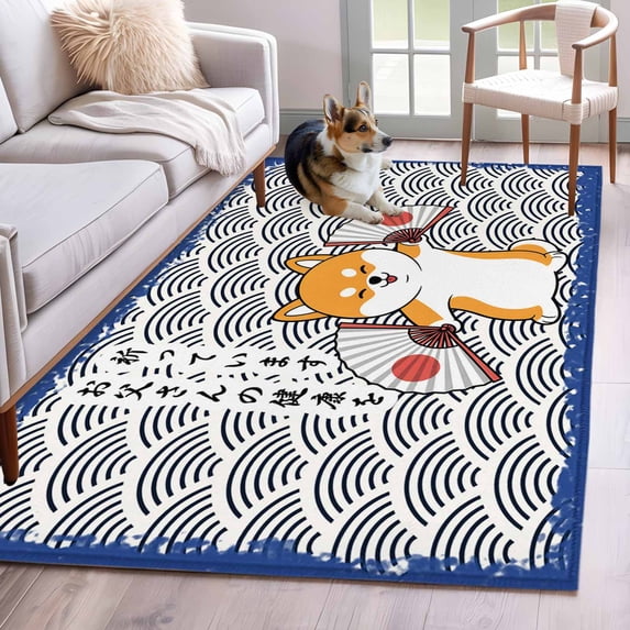 Japanese Cute Dogs 3'x5' Washable Rug, Navy Blue Modern Abstract Waves Non-Slip Area Rugs for Entryway Kitchen Classroom, StainResistant Dorm Throw Carpet, Low Pile Soft Indoor Floor Mat