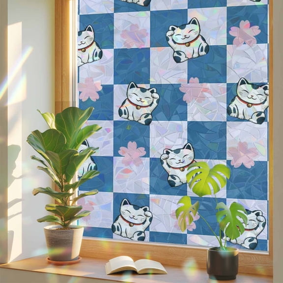 Japanese Cute Kitty Window Privacy Film, Rainbow Film Decorative Window Sticker 17.7x39.3in, Lucky Cat on Blue Plaid Sun Blocking Static Stained Glass Cling Tint Non-Adhesive