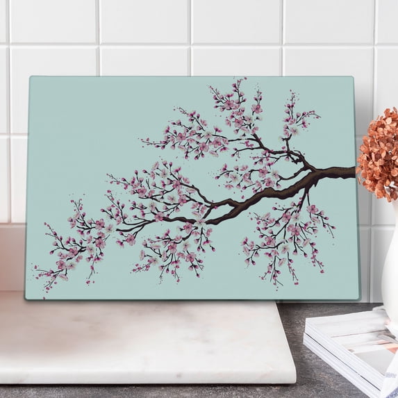 Japanese Cutting Board, Branch of a Flourishing Sakura Tree Flowers Cherry Blossoms Spring Theme Art, Decorative Tempered Glass Cutting and Serving Board, Large Size, Pink Dark Brown, by Ambesonne