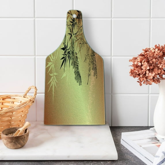 Japanese Cutting Board, Branches and Bamboo Motifs with Showy Fragrant Leaves Nature Illustration, Decorative Tempered Glass Cutting and Serving Board, Wine Bottle Shape, Sepia Black, by Ambesonne