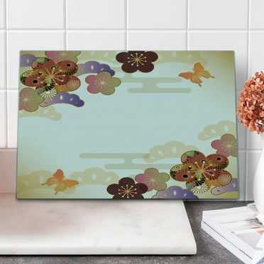 Japanese Cutting Board, Colourful Bunch of Flowers Motif Oriental Early Spring Flora, Decorative Tempered Glass Cutting and Serving Board, in 3 Sizes, by Ambesonne