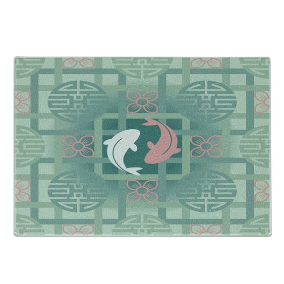 Japanese Cutting Board, Dolphin Couple on Geometrical Featured Round and Squared Backdrop Print, Decorative Tempered Glass Cutting and Serving Board, Small Size, Green Pink, by Ambesonne