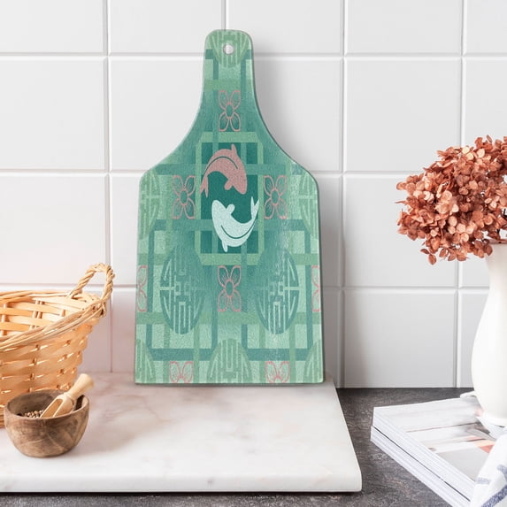 Japanese Cutting Board, Dolphin Couple on Geometrical Featured Round and Squared Backdrop Print, Decorative Tempered Glass Cutting and Serving Board, Wine Bottle Shape, Green Pink, by Ambesonne