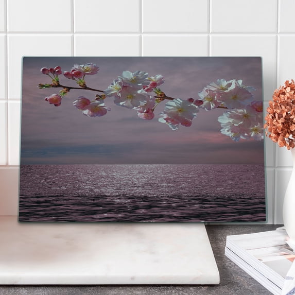 Japanese Cutting Board, Floral Branch of Cherry Blossom on Abstract Pinkish Sea and Dramatic Sky, Decorative Tempered Glass Cutting and Serving Board, in 3 Sizes, by Ambesonne