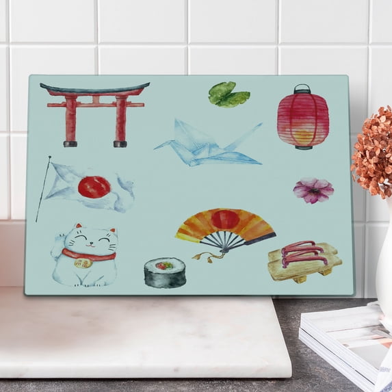 Japanese Cutting Board, Hand Drawn Traditional Elements Watercolors Torii Gate Origami Bird Flag Lacky Cat, Decorative Tempered Glass Cutting and Serving Board, Large Size, Multicolor, by Ambesonne