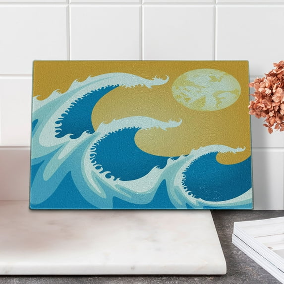 Japanese Cutting Board, Huge Sea Waves at Summer Noon Art Picture Tropical Ocean Storm Tide, Decorative Tempered Glass Cutting and Serving Board, Small Size, Blue Marigold and White, by Ambesonne